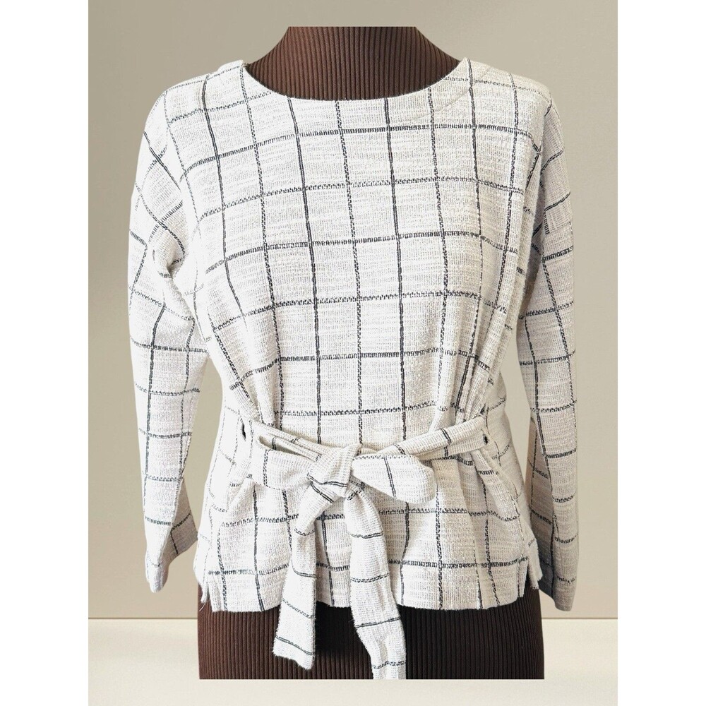 Madewell Tie Front Knit Top Windowpane Plaid Ivory/Black Women’s Size M